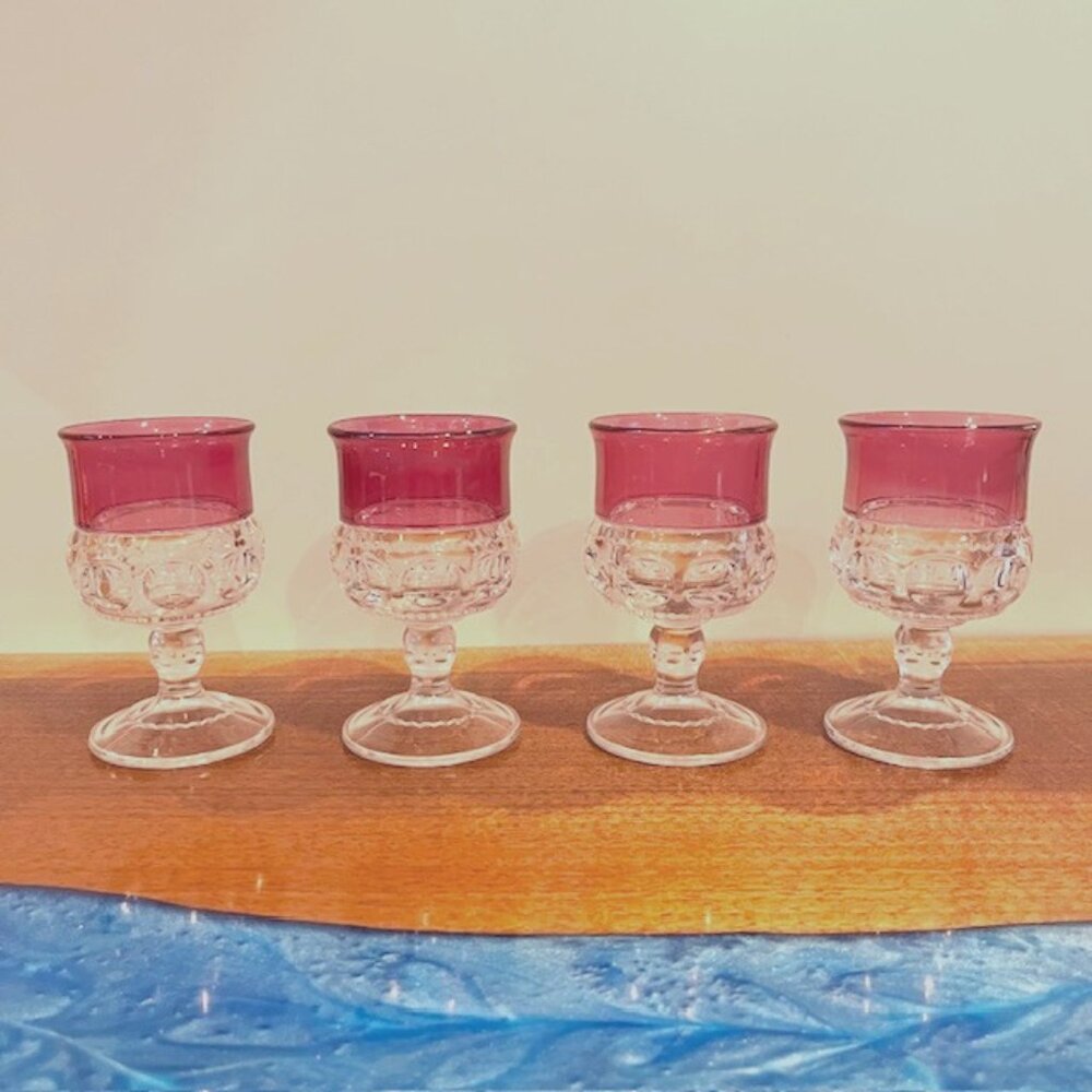 (Set of 4) Tiffin Kings Crown Thumbprint Cranberry Footed Cordial Glasses